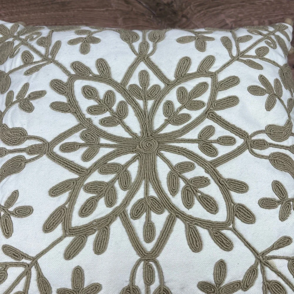 Pottery Barn Throw Pillow 12 x 12 White Tan Crewel Embroidered Pom-Pom Trim